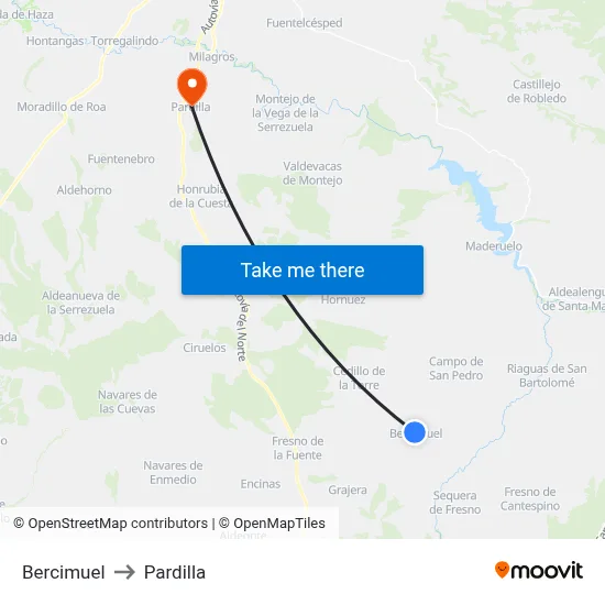 Bercimuel to Pardilla map
