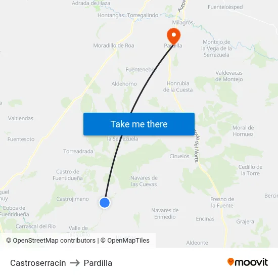 Castroserracín to Pardilla map