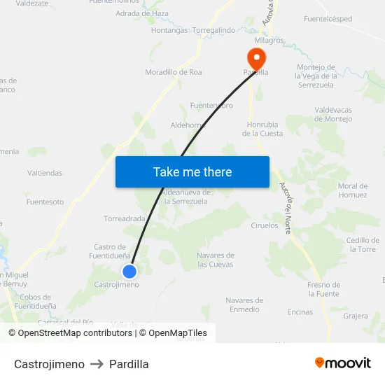 Castrojimeno to Pardilla map