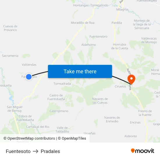 Fuentesoto to Pradales map