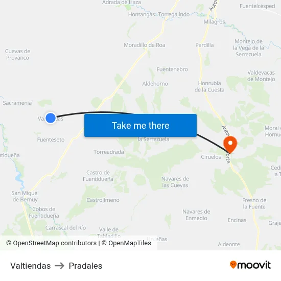 Valtiendas to Pradales map