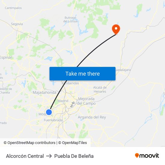 Alcorcón Central to Puebla De Beleña map