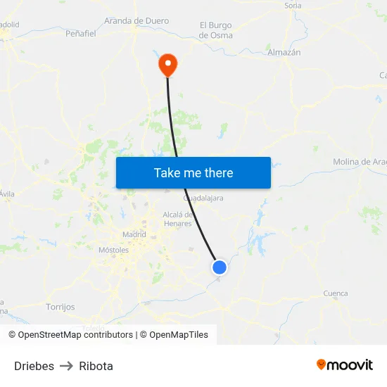 Driebes to Ribota map