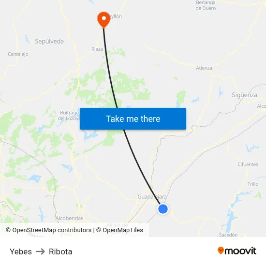 Yebes to Ribota map