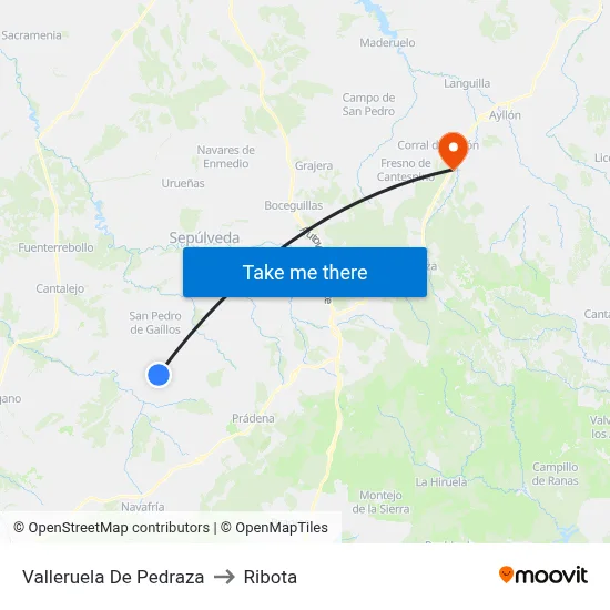 Valleruela De Pedraza to Ribota map