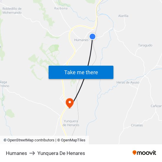 Humanes to Yunquera De Henares map