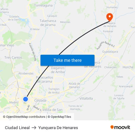 Ciudad Lineal to Yunquera De Henares map