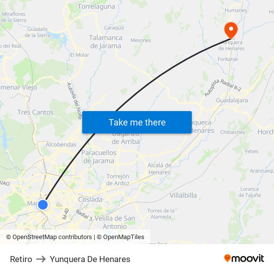 Retiro to Yunquera De Henares map