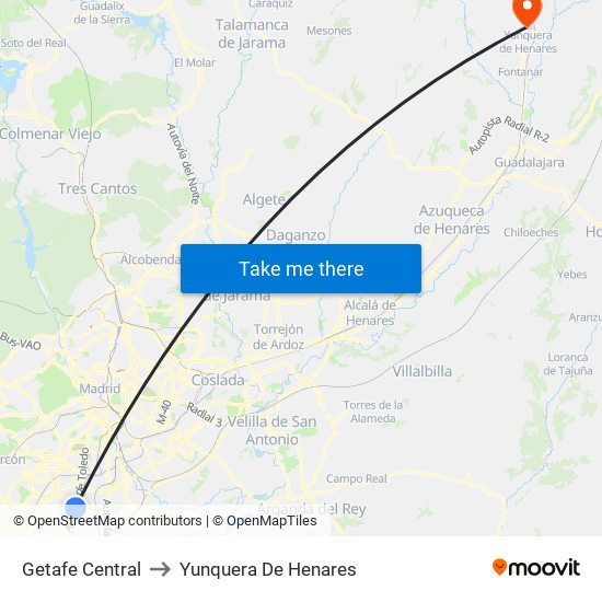 Getafe Central to Yunquera De Henares map