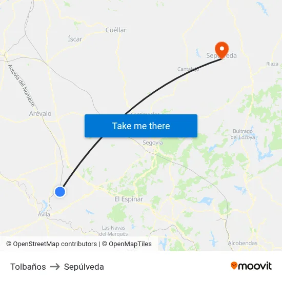 Tolbaños to Sepúlveda map