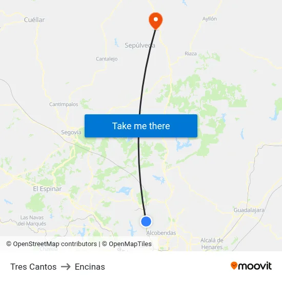 Tres Cantos to Encinas map