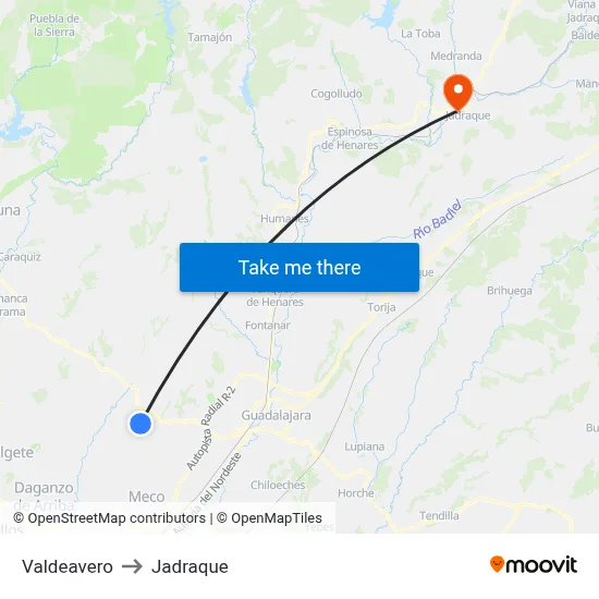 Valdeavero to Jadraque map