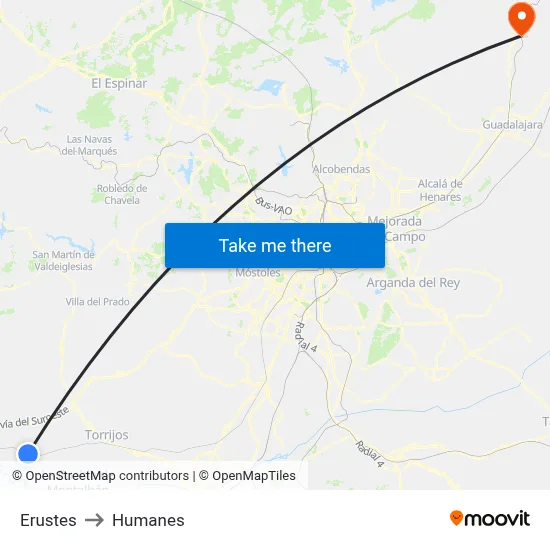 Erustes to Humanes map