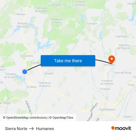 Sierra Norte to Humanes map
