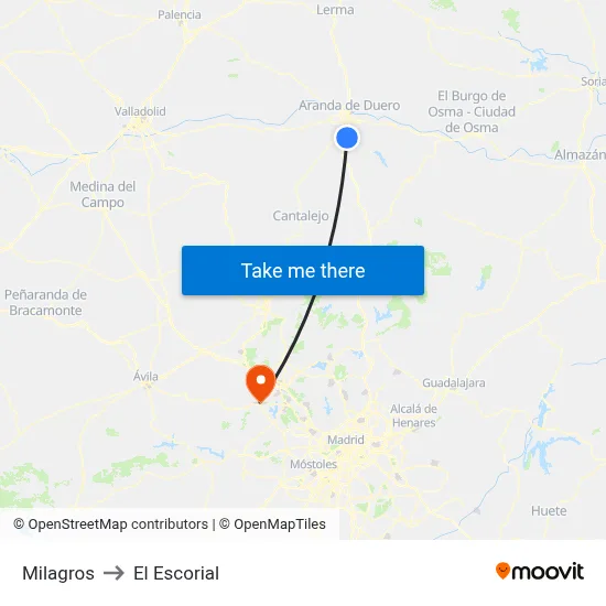 Milagros to El Escorial map