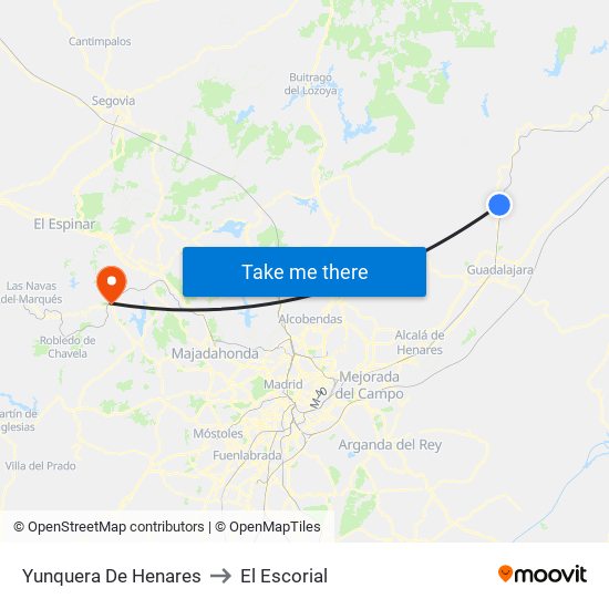 Yunquera De Henares to El Escorial map