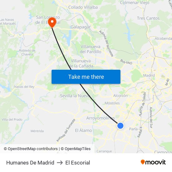 Humanes De Madrid to El Escorial map