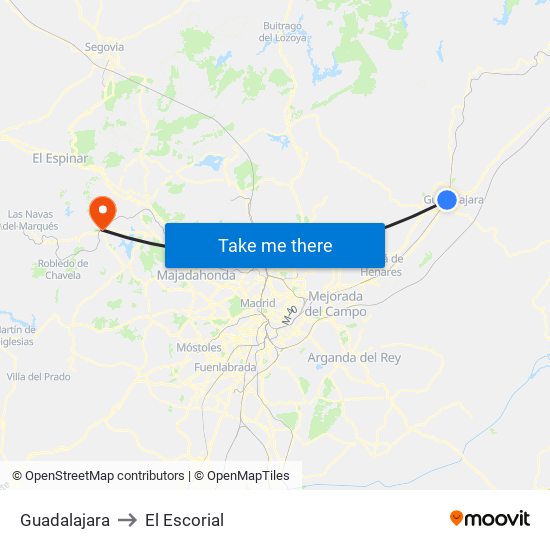 Guadalajara to El Escorial map