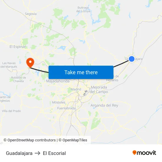 Guadalajara to El Escorial map