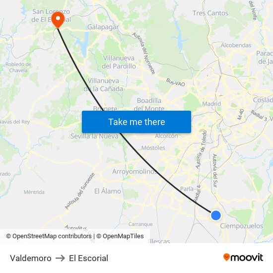 Valdemoro to El Escorial map