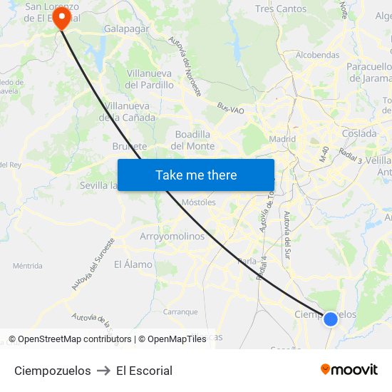 Ciempozuelos to El Escorial map