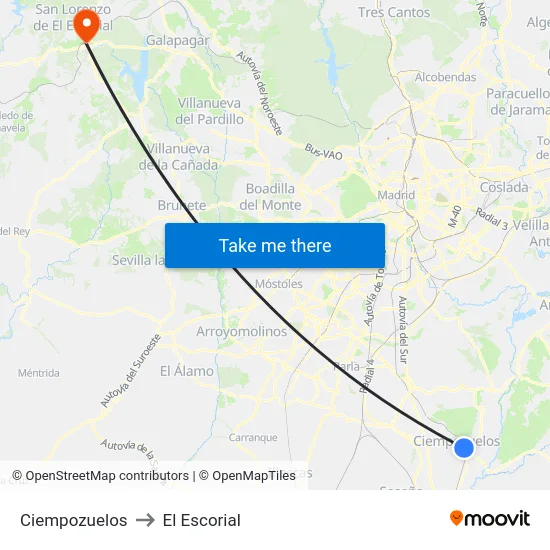Ciempozuelos to El Escorial map