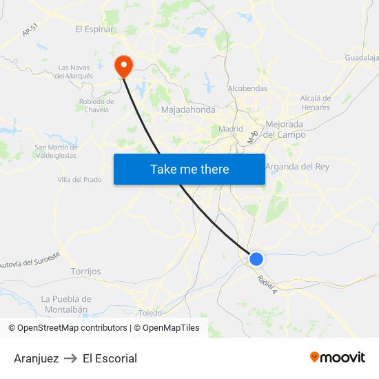 Aranjuez to El Escorial map