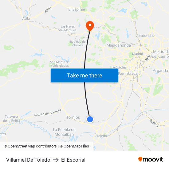 Villamiel De Toledo to El Escorial map