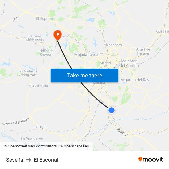 Seseña to El Escorial map