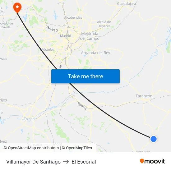 Villamayor De Santiago to El Escorial map