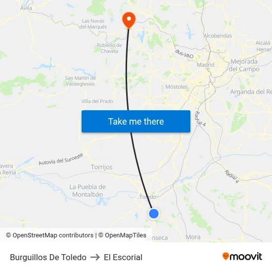 Burguillos De Toledo to El Escorial map