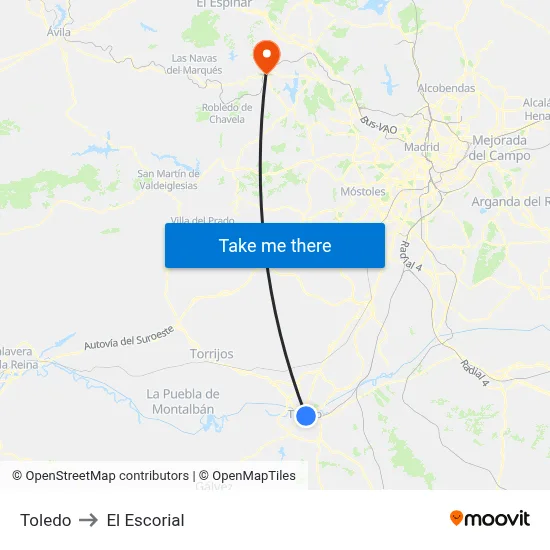 Toledo to El Escorial map