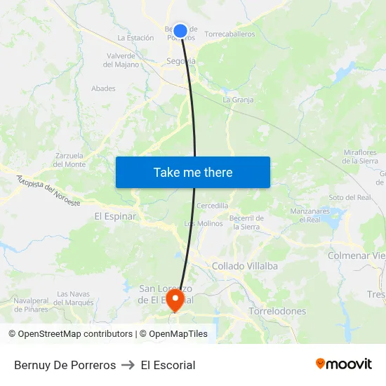 Bernuy De Porreros to El Escorial map