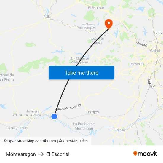 Montearagón to El Escorial map