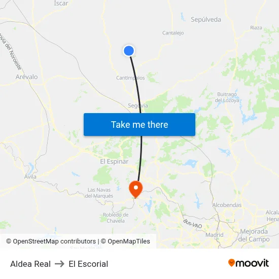 Aldea Real to El Escorial map