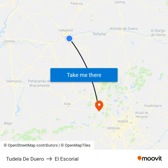 Tudela De Duero to El Escorial map