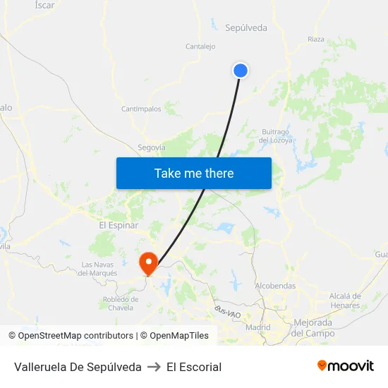Valleruela De Sepúlveda to El Escorial map