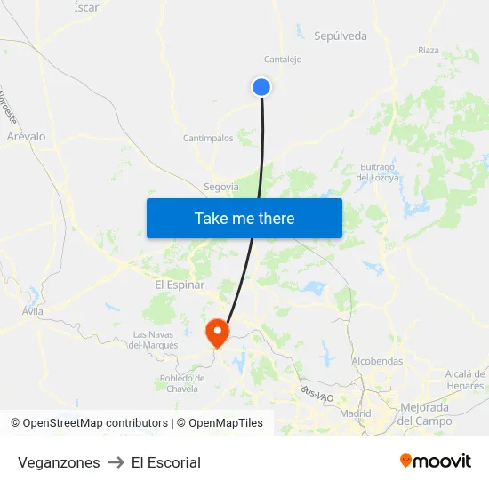 Veganzones to El Escorial map
