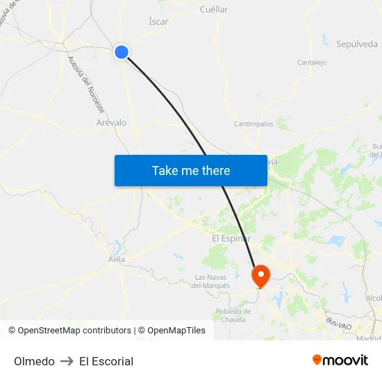 Olmedo to El Escorial map