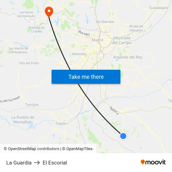La Guardia to El Escorial map