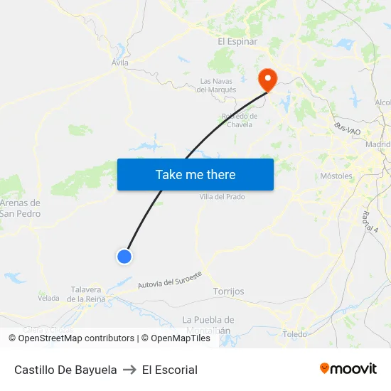Castillo De Bayuela to El Escorial map