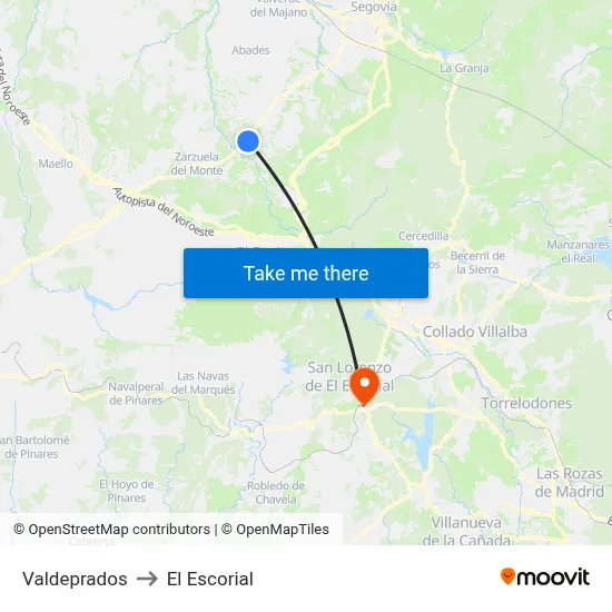 Valdeprados to El Escorial map