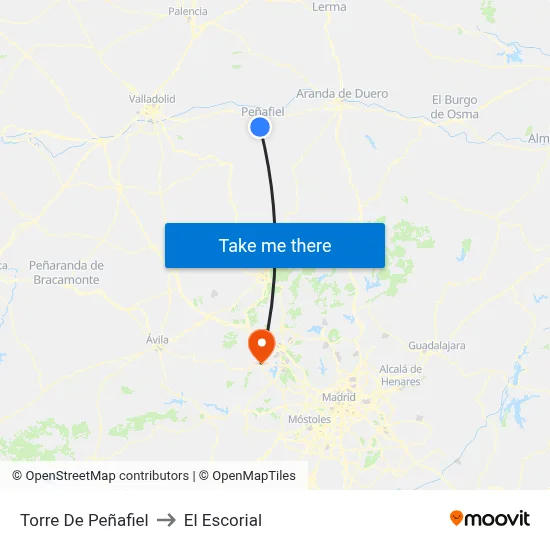 Torre De Peñafiel to El Escorial map