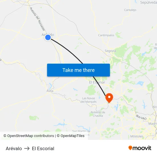 Arévalo to El Escorial map