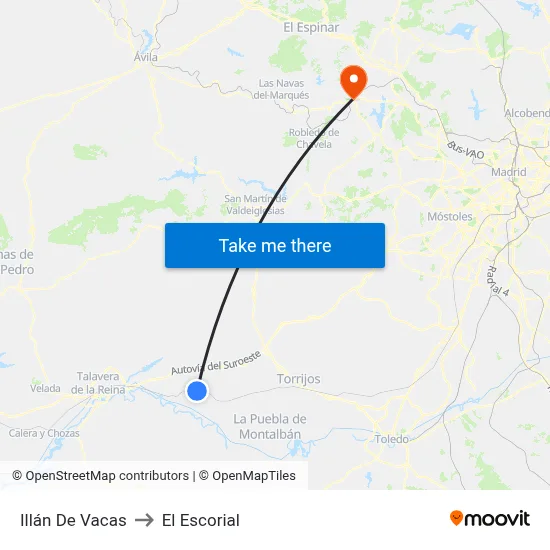 Illán De Vacas to El Escorial map