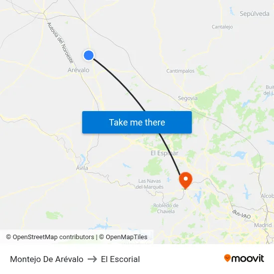 Montejo De Arévalo to El Escorial map