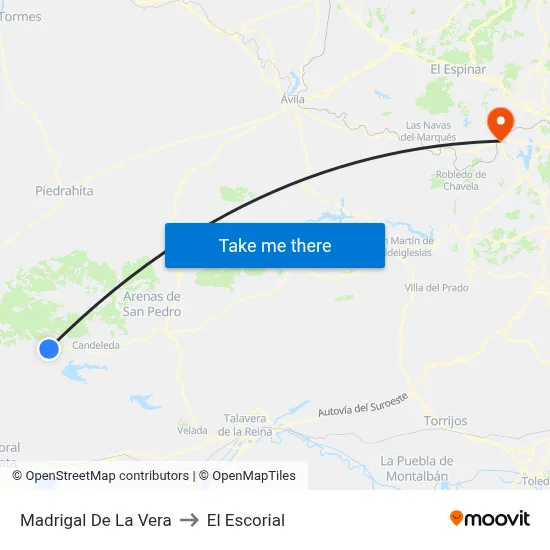 Madrigal De La Vera to El Escorial map