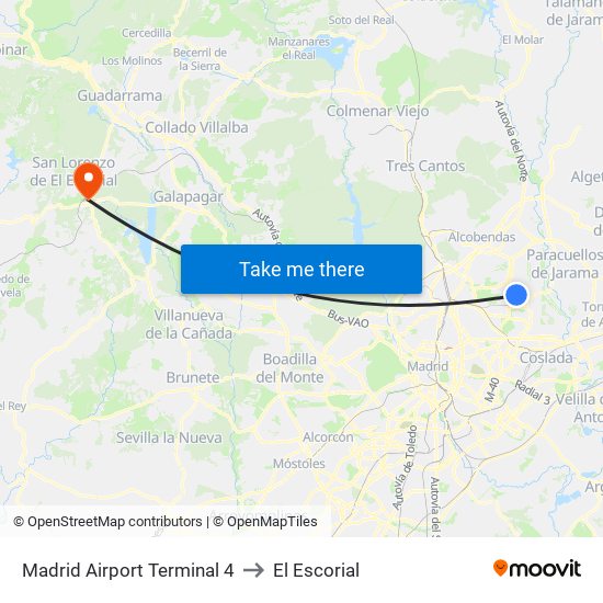 Madrid Airport Terminal 4 to El Escorial map