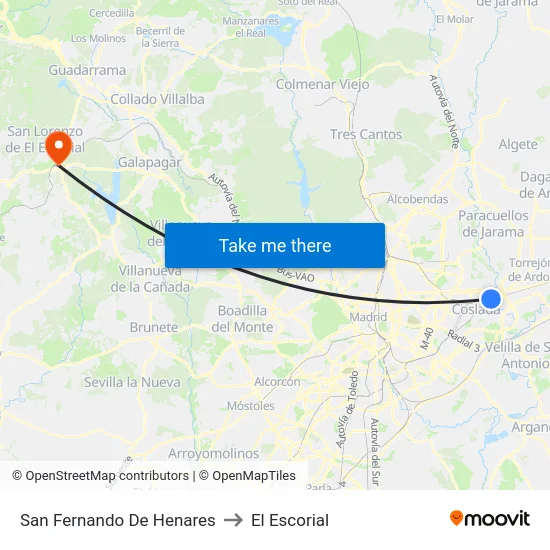 San Fernando De Henares to El Escorial map