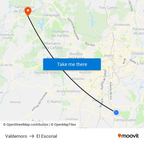 Valdemoro to El Escorial map